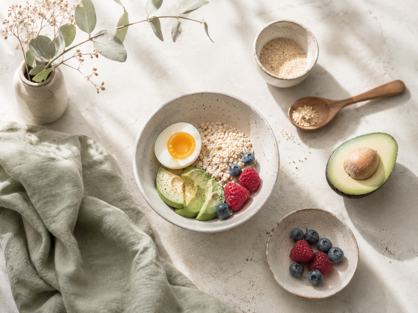 Keramikschale mit Hafer, Ei, Avocado und Beeren