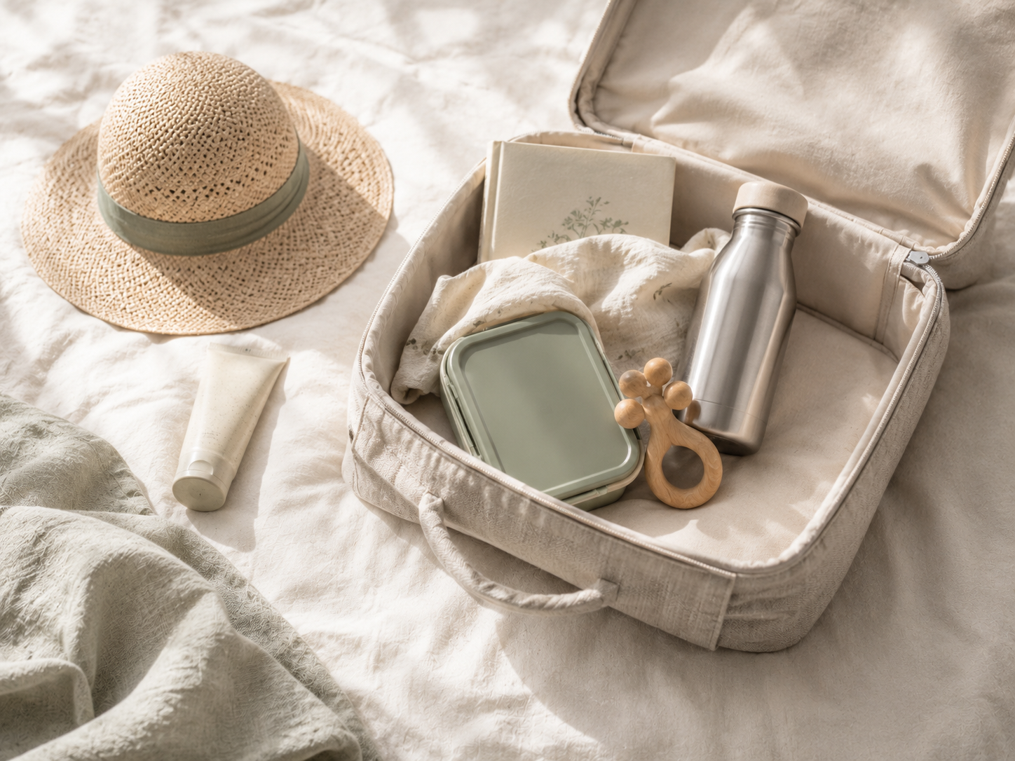 Gepackte Leinentasche mit Familienreise-Essentials